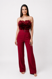 Feather Trim Strapless Wide Leg Jumpsuit