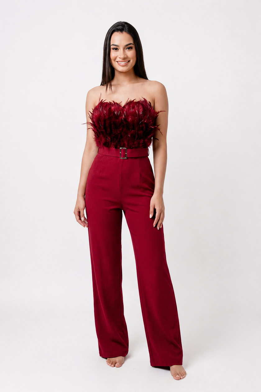 Feather Trim Strapless Wide Leg Jumpsuit
