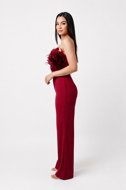 Feather Trim Strapless Wide Leg Jumpsuit