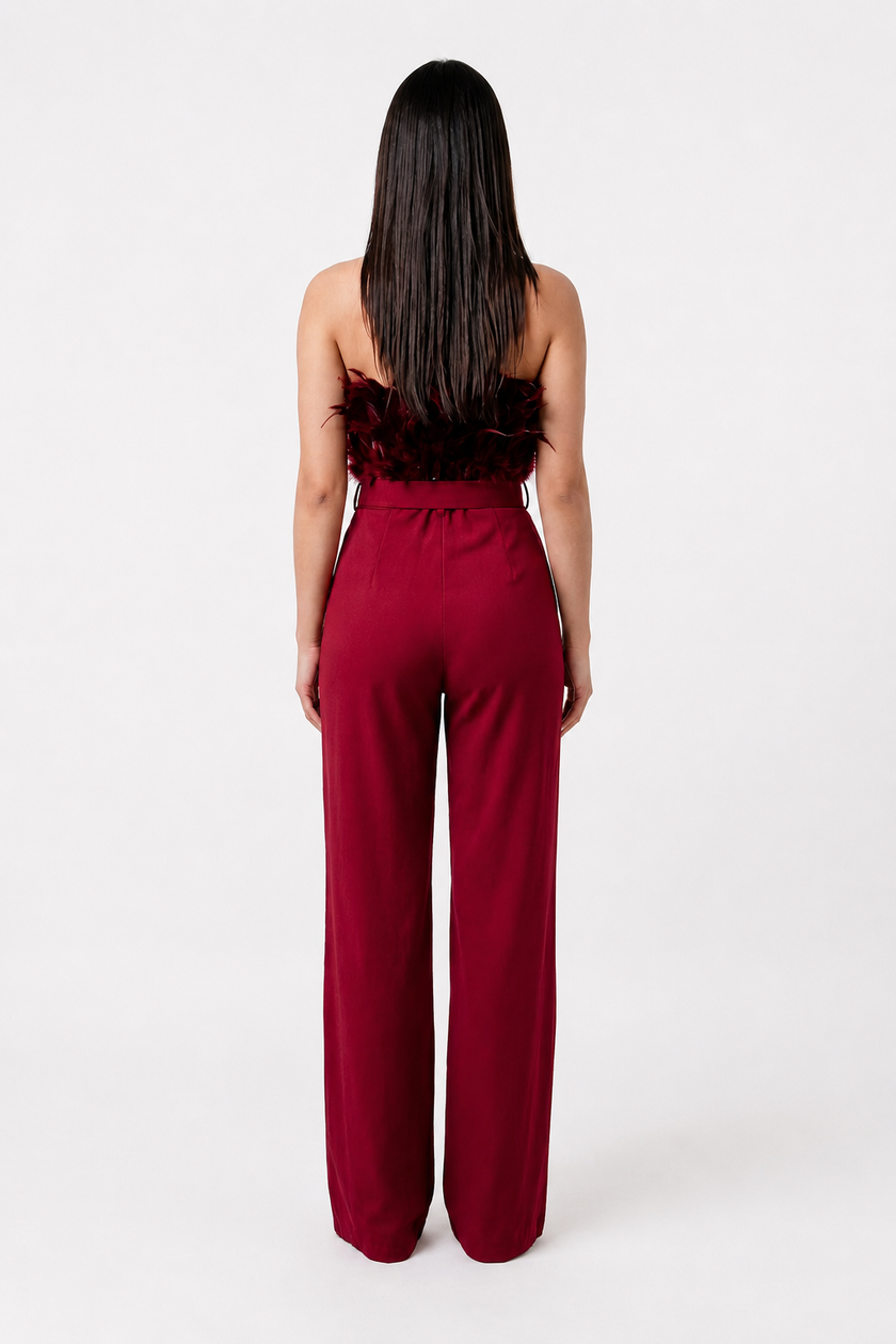Feather Trim Strapless Wide Leg Jumpsuit