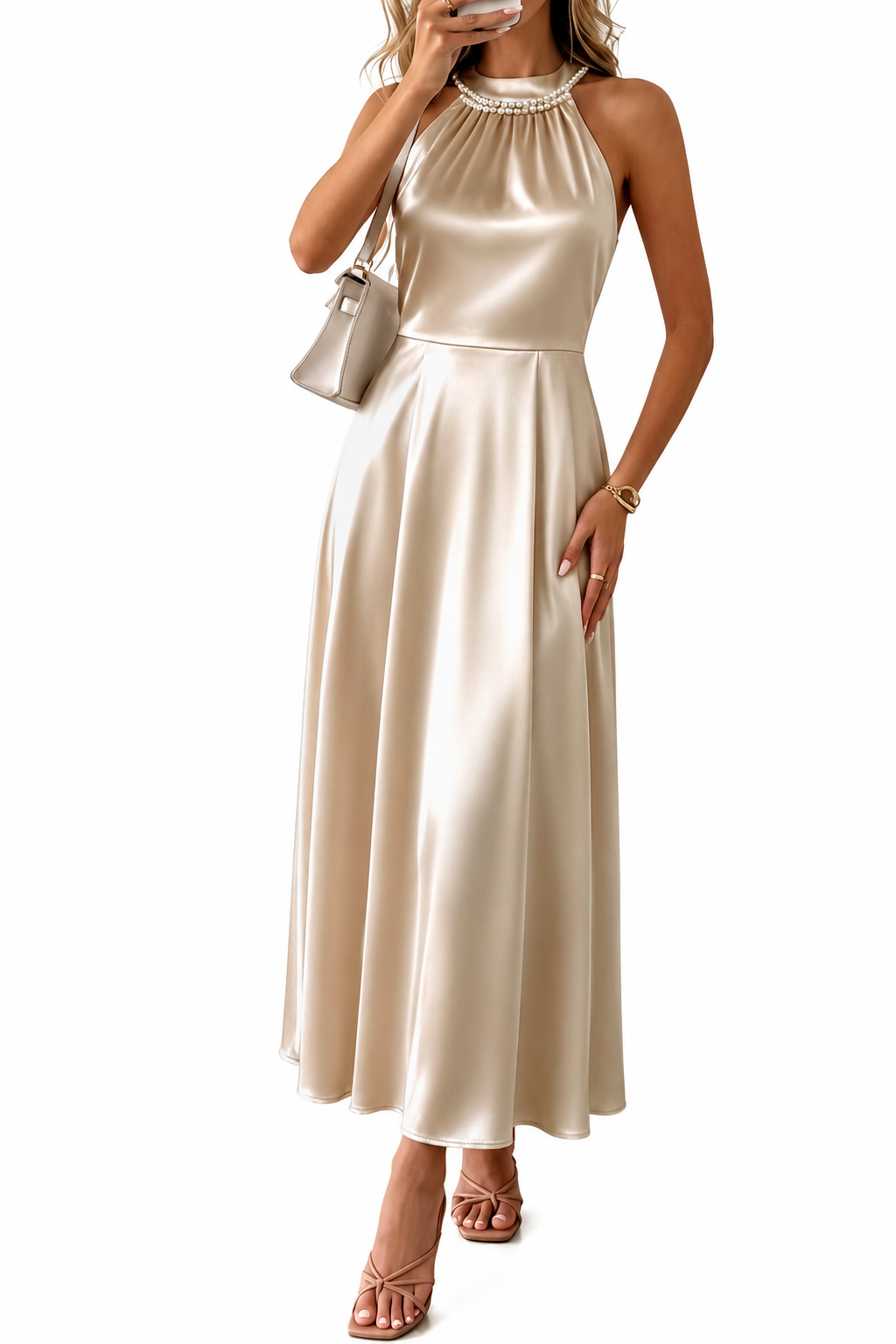 Pearl Halter Satin Midi Dress