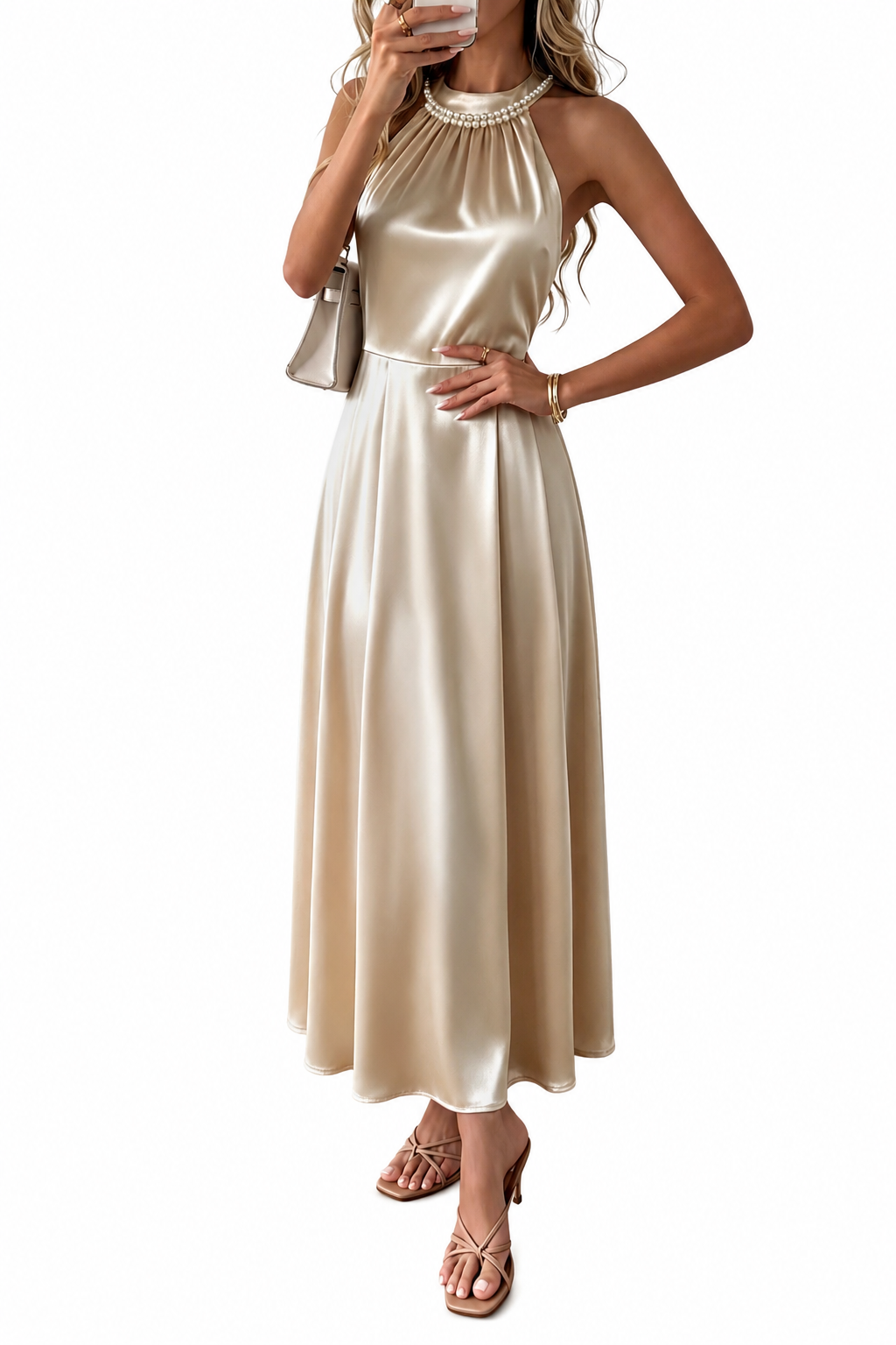 Pearl Halter Satin Midi Dress