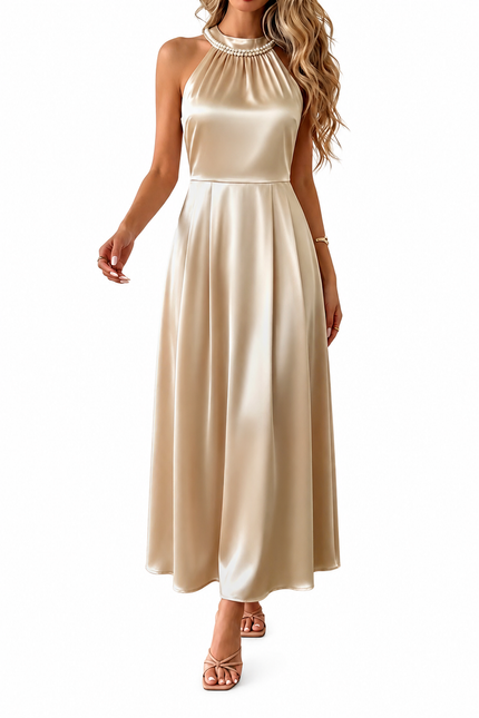 Pearl Halter Satin Midi Dress